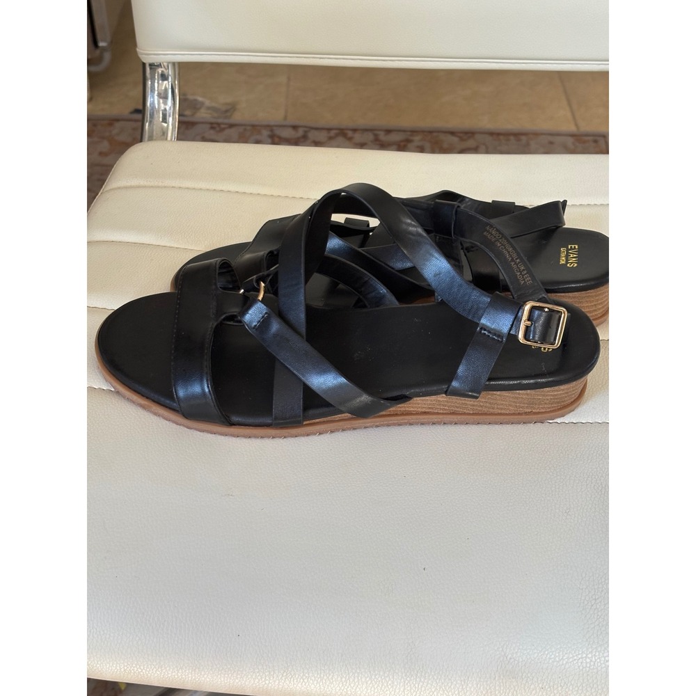 Evans Extra Wide Black Strappy Wedge Sandals Gold Buckle Size UK 8 EEE US 10